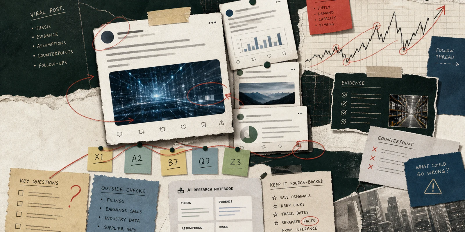 Editorial collage of X research post cards, evidence notes, risk annotations, ticker tags, and market chart fragments.
